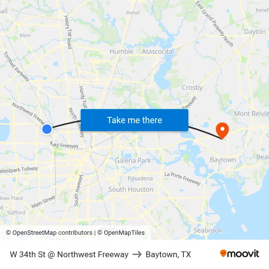 W 34th St @ Northwest Freeway to Baytown, TX map