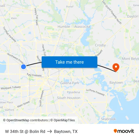 W 34th St @ Bolin Rd to Baytown, TX map