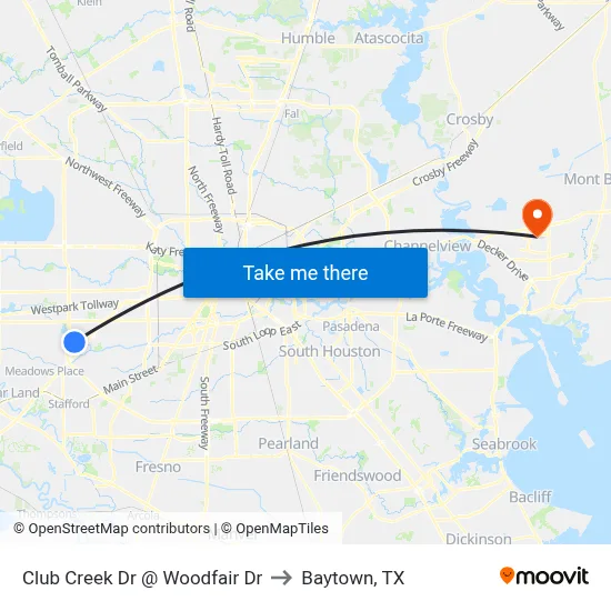 Club Creek Dr @ Woodfair Dr to Baytown, TX map