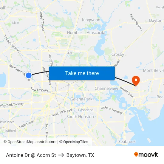 Antoine Dr @ Acorn St to Baytown, TX map