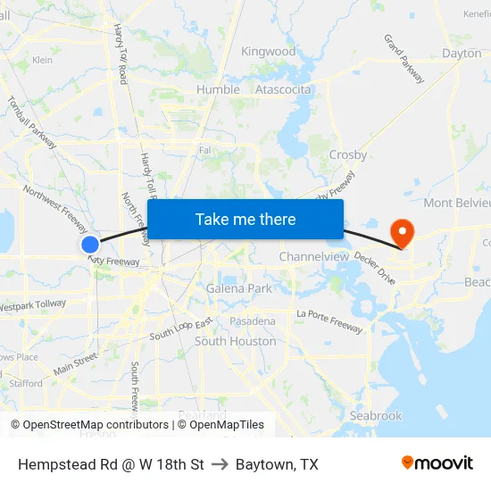 Hempstead Rd @ W 18th St to Baytown, TX map