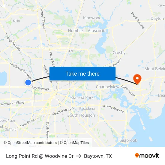 Long Point Rd @ Woodvine Dr to Baytown, TX map