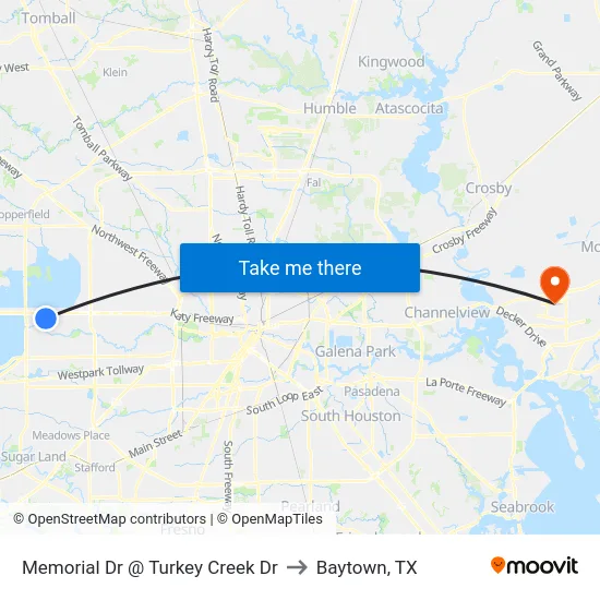 Memorial Dr @ Turkey Creek Dr to Baytown, TX map
