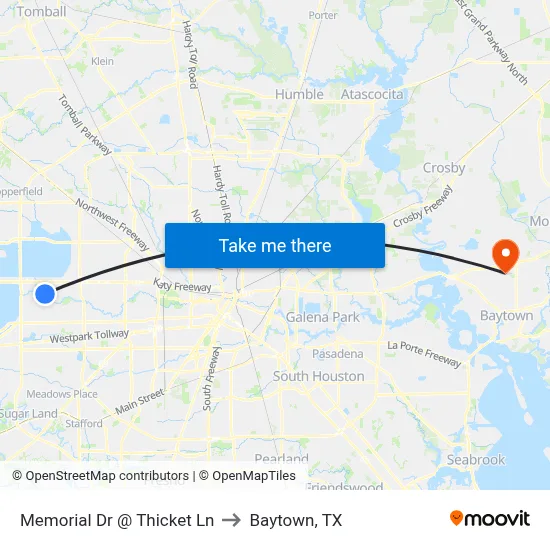 Memorial Dr @ Thicket Ln to Baytown, TX map