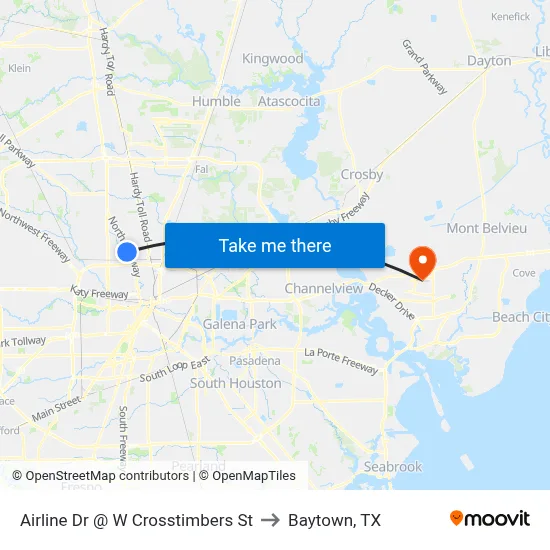Airline Dr @ W Crosstimbers St to Baytown, TX map