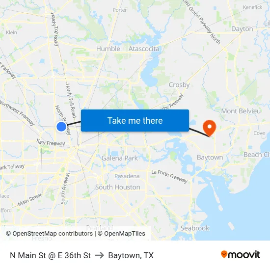 N Main St @ E 36th St to Baytown, TX map