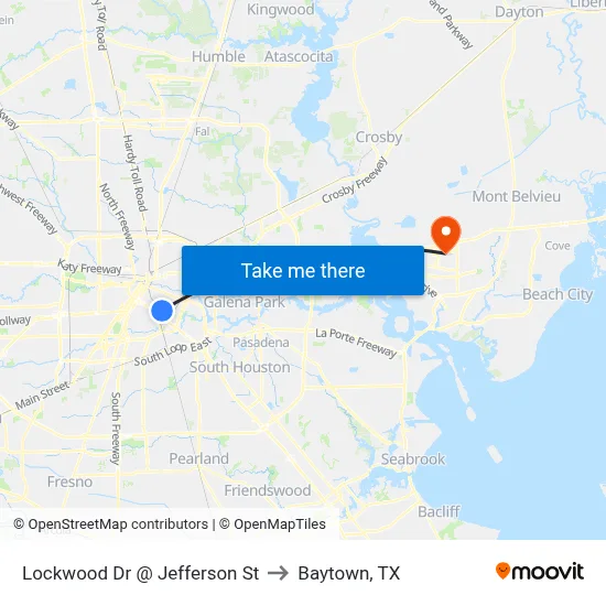 Lockwood Dr @ Jefferson St to Baytown, TX map
