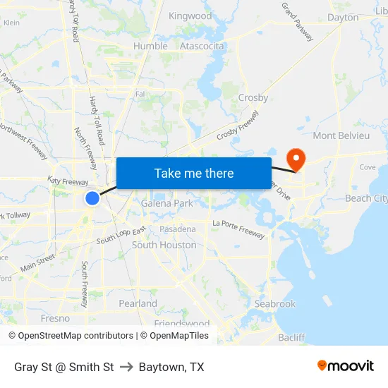 Gray St @ Smith St to Baytown, TX map