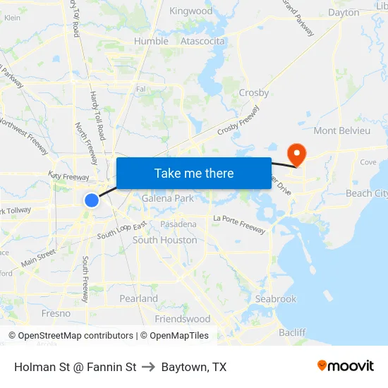 Holman St @ Fannin St to Baytown, TX map