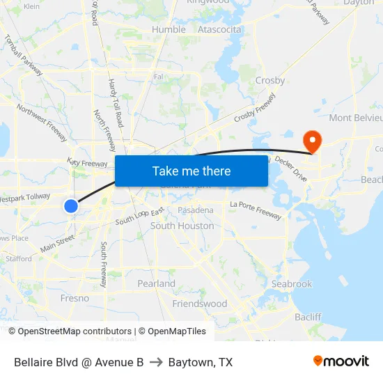 Bellaire Blvd @ Avenue B to Baytown, TX map