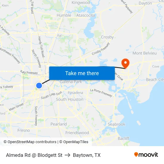 Almeda Rd @ Blodgett St to Baytown, TX map
