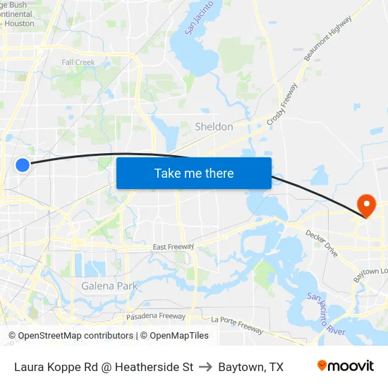 Laura Koppe Rd @ Heatherside St to Baytown, TX map