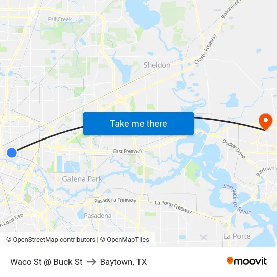 Waco St @ Buck St to Baytown, TX map