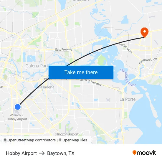 Hobby Airport to Baytown, TX map