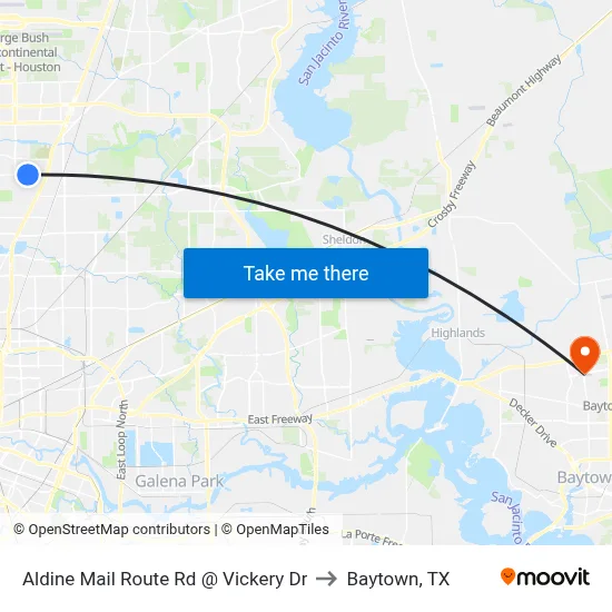 Aldine Mail Route Rd @ Vickery Dr to Baytown, TX map