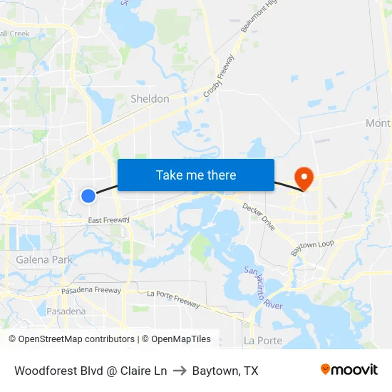 Woodforest Blvd @ Claire Ln to Baytown, TX map