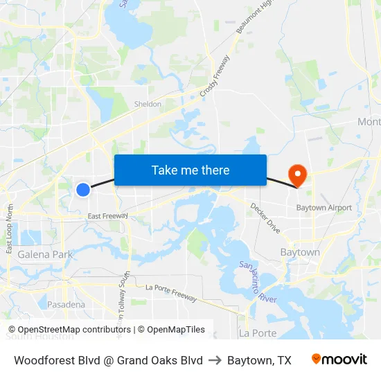 Woodforest Blvd @ Grand Oaks Blvd to Baytown, TX map