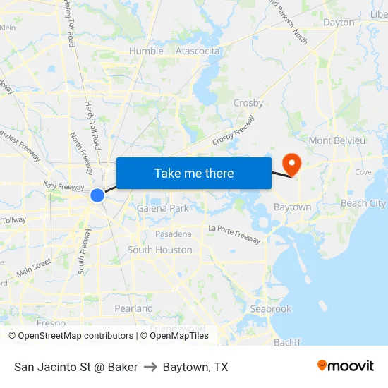 San Jacinto St @ Baker to Baytown, TX map