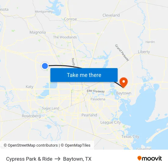 Cypress Park & Ride to Baytown, TX map