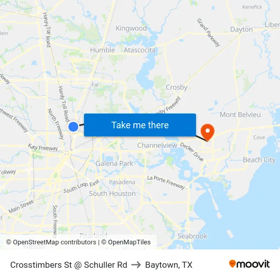 Crosstimbers St @ Schuller Rd to Baytown, TX map