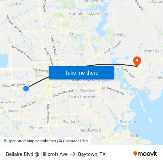 Bellaire Blvd @ Hillcroft Ave to Baytown, TX map
