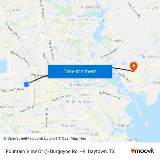 Fountain View Dr @ Burgoyne Rd to Baytown, TX map