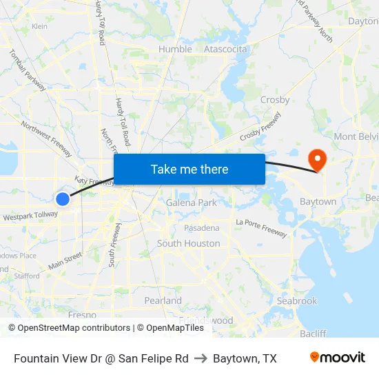 Fountain View Dr @ San Felipe Rd to Baytown, TX map