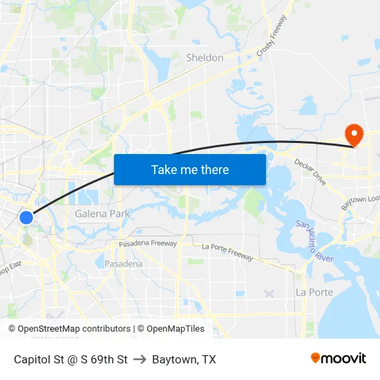 Capitol St @ S 69th St to Baytown, TX map