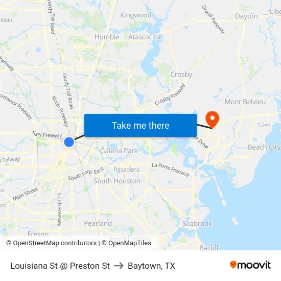 Louisiana St @ Preston St to Baytown, TX map
