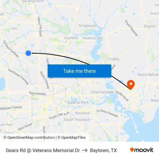 Gears Rd @ Veterans Memorial Dr to Baytown, TX map