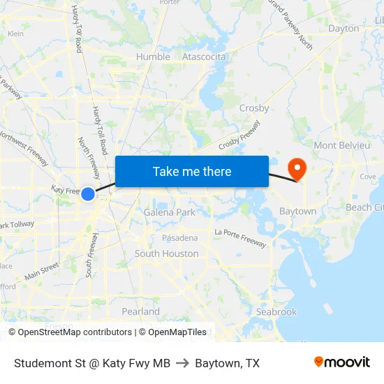 Studemont St @ Katy Fwy MB to Baytown, TX map
