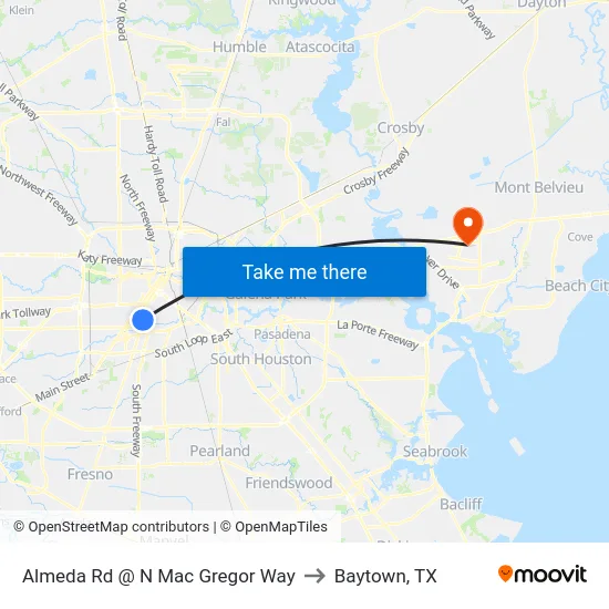 Almeda Rd @ N Mac Gregor Way to Baytown, TX map