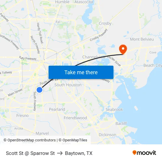 Scott St @ Sparrow St to Baytown, TX map