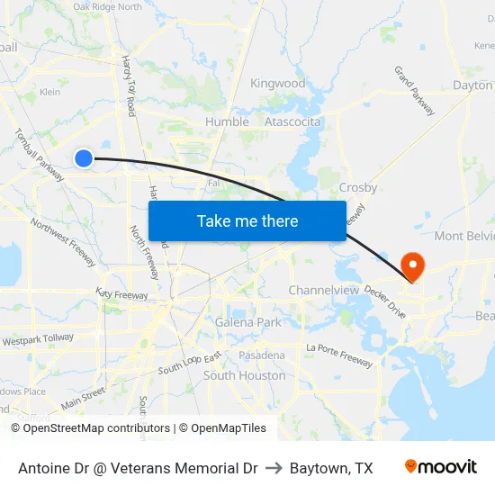 Antoine Dr @ Veterans Memorial Dr to Baytown, TX map