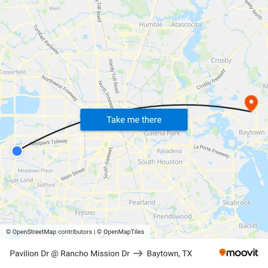 Pavilion Dr @ Rancho Mission Dr to Baytown, TX map