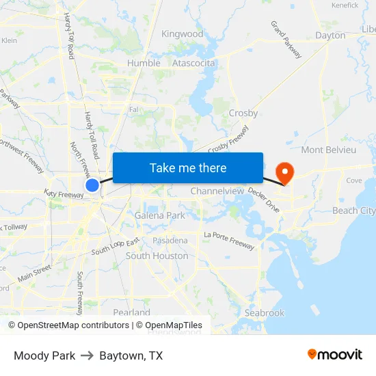 Moody Park to Baytown, TX map
