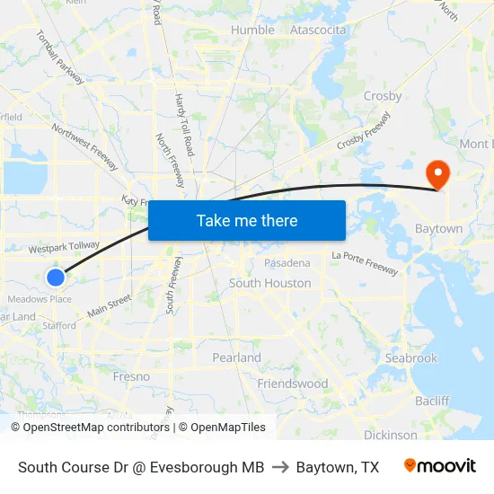South Course Dr @ Evesborough MB to Baytown, TX map