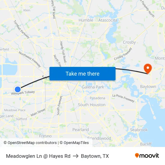 Meadowglen Ln @ Hayes Rd to Baytown, TX map