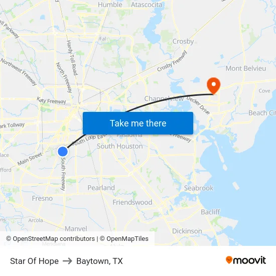 Star Of Hope to Baytown, TX map
