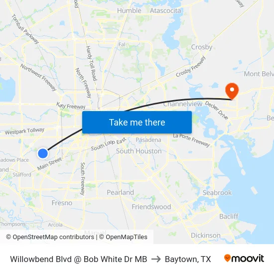Willowbend Blvd @ Bob White Dr MB to Baytown, TX map