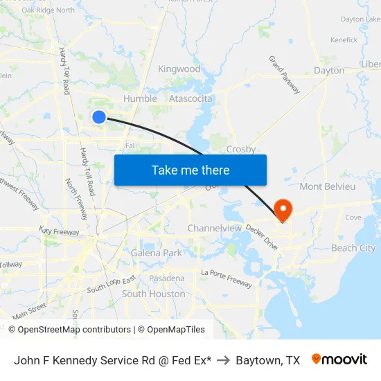 John F Kennedy Service Rd @ Fed Ex* to Baytown, TX map