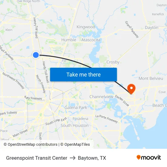 Greenspoint Transit Center to Baytown, TX map