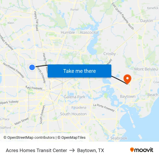 Acres Homes Transit Center to Baytown, TX map