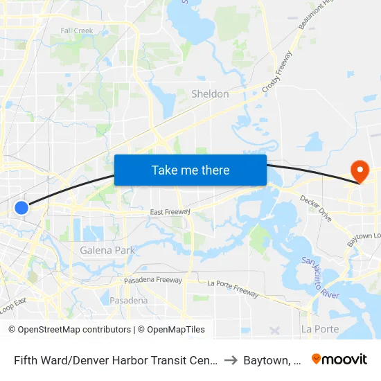Fifth Ward/Denver Harbor Transit Center to Baytown, TX map