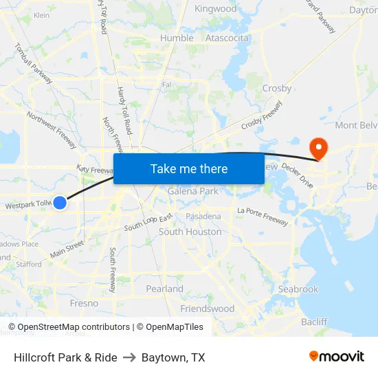 Hillcroft Park & Ride to Baytown, TX map