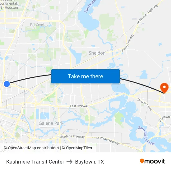 Kashmere Transit Center to Baytown, TX map