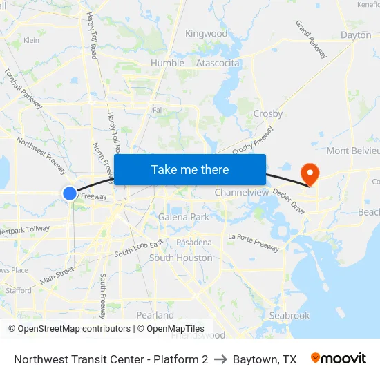 Northwest Transit Center - Platform 2 to Baytown, TX map