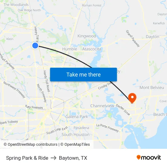 Spring Park & Ride to Baytown, TX map