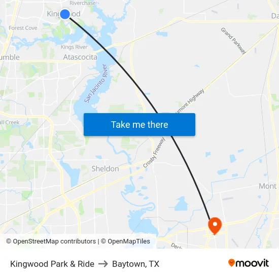 Kingwood Park & Ride to Baytown, TX map
