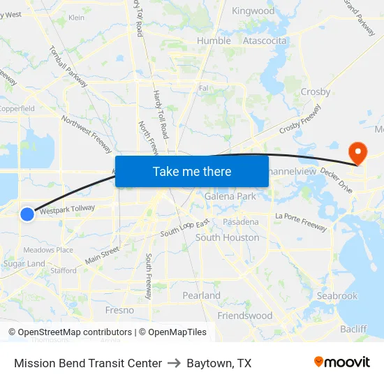 Mission Bend Transit Center to Baytown, TX map